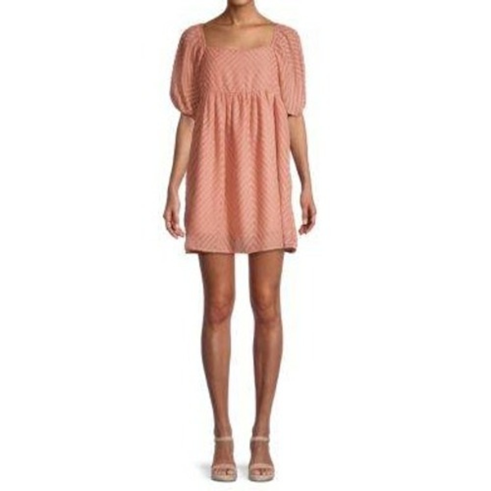 Cliché Peach Chevron Mini Dress Sheer Puff‎ Sleeve Open Back Size Small